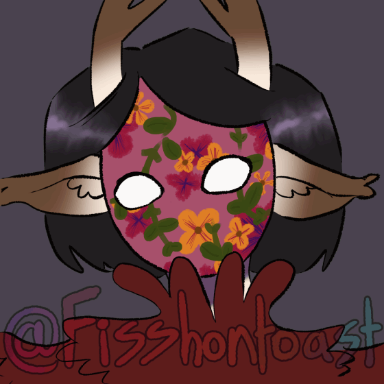 gif. a person with a floral patterned mask, antlers and deer ears blinks and flicks their ear